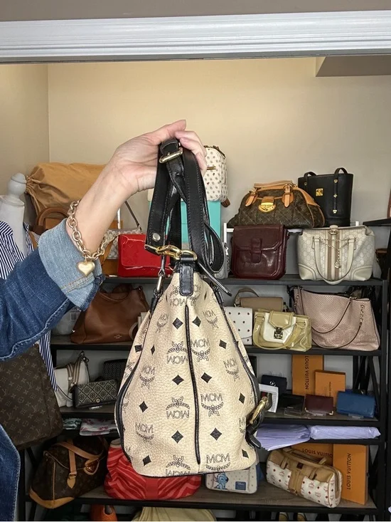 MCM Visetos Satchel Bag Cream Black Leather Trim Crossbody Medium Tote w/ COA - Picture 8 of 15